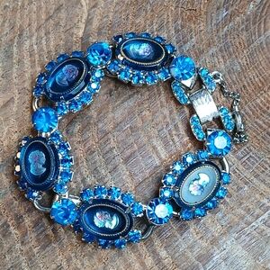Juliana RARE Blue Rhinestone Cameo Bracelet 7.75"